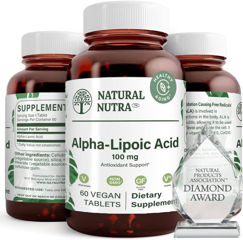 Natural Nutra R-Alpha Lipoic Acid, Improve Bone and Heart Health, Enhance Memory Function, Improve Nerve Function Contributes to Overall Health, Gluten Free 100 mg, 60 Vegan and Vegetarian Tablets.