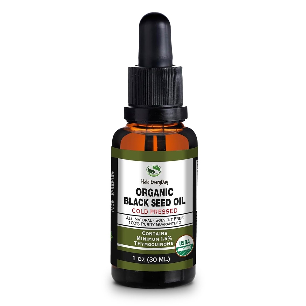 Aceite de semilla negro orgánico - USDA Certified Cold Presionado de vidrio botella más 1.5% Thymoquinone 3X fuerza turco negro Cumin Nigella Sativa non-GMO 100% puro aceite de color negro (1oz botella de vidrio)