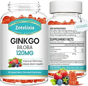 2 Pack Ginkgo Biloba Gummies for Women and Men, Brain Supplement Mejor Mood and Focus, Vegan Mixed Berry Flavor 120 Count