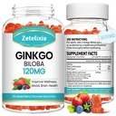 2 Pack Ginkgo Biloba Gummies for Women and Men, Brain Supplement Improve Better Mood and Focus, Vegan Mixed Berry Flavor 120 Count