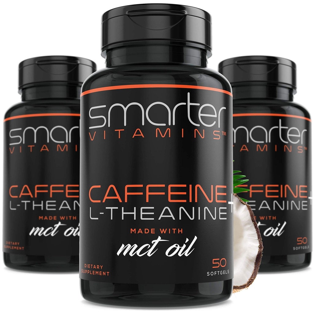 SmarterVitamins (3-Pack 200mg Caffeine Pills with 100mg L-Theanine + Coconut MCT Oil, Energy and Focus, Extended Release Capsule, 150 Liquid Softgels