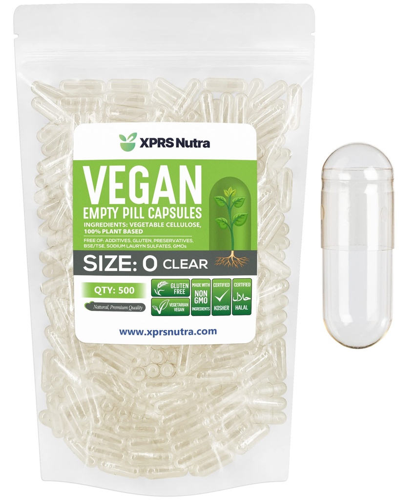 XPRS Nutra Size 0 Empty Capsules - 500 Cuentas Clear Empty Vegan Capsules - Vegetarian Pills - DIY Vegetable Capsule Filling - Veggie Pill Caps for Do-It-Yourself Suplementos
