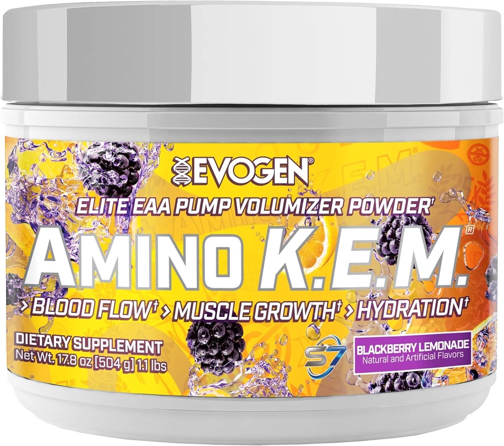 Evogen Amino K.E.M. - EAA &amp; BCAA Powder Pump Volumizer TEN BCAAS Amino Acids Supplement for Blood Flow, Muscle Growth, " Hydration ¦ BlackBerry Lemonade TEN 30 Servings