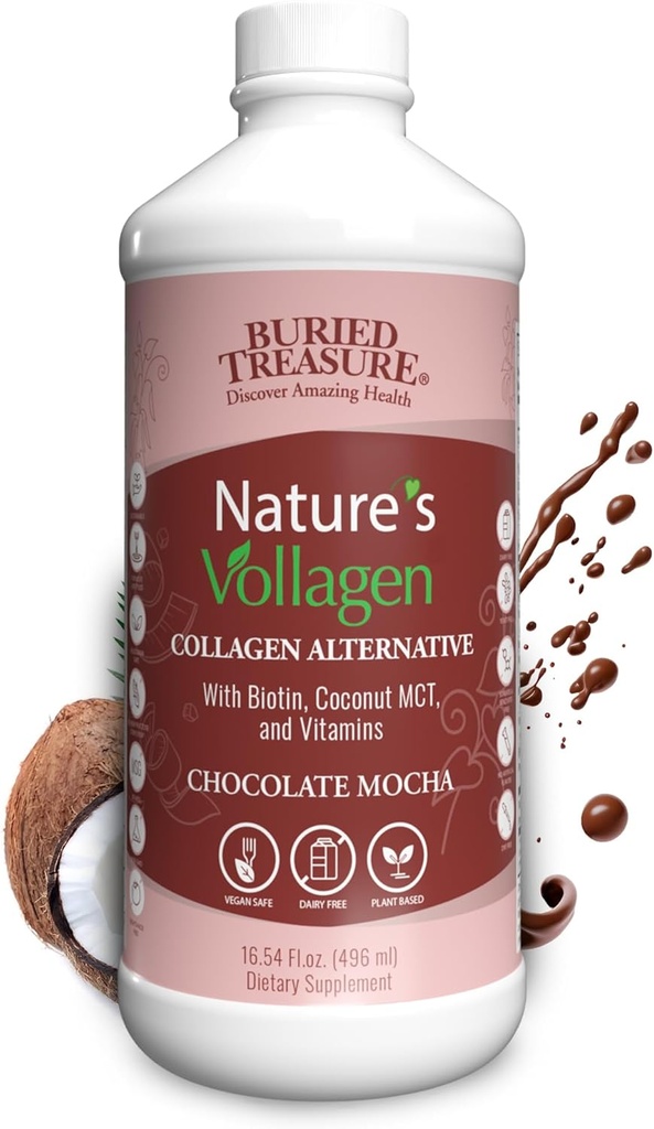 Tesoro enterrado Volágen de la Naturaleza – 2000mg Complejo Volágen, Esquí, Pelo y Salud Conjunta, 100% Planta-Basada, Libre de gluten, Libre de soya, Libre de lácteos, Chocolate Mocha Flavor, 16oz Liquid