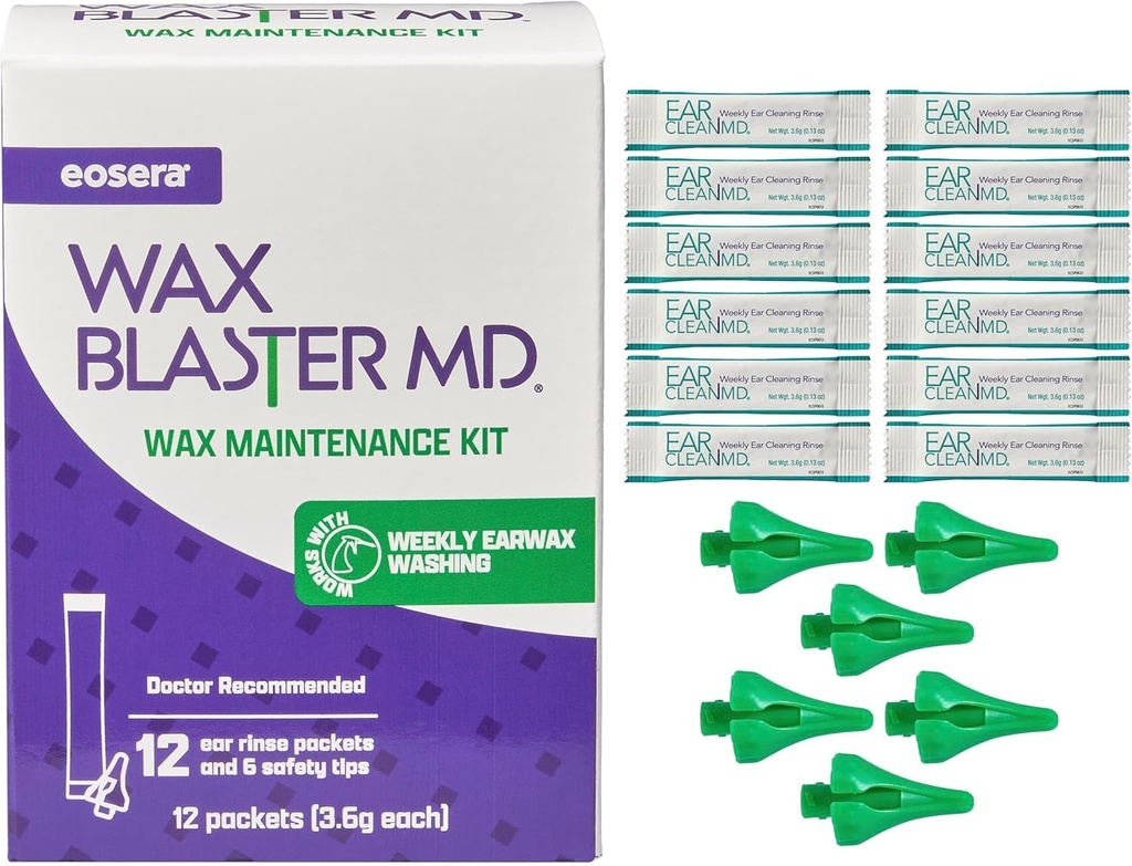 eosera Wax Blaster MD - Ear Wax Cleaning System - Complete Earwax Irrigation Kit for Stubborn and Routine Cleaning - Refill Pack - 12 Ear Clean MD Packets & 6 Wax Blaster MD Safety Tips