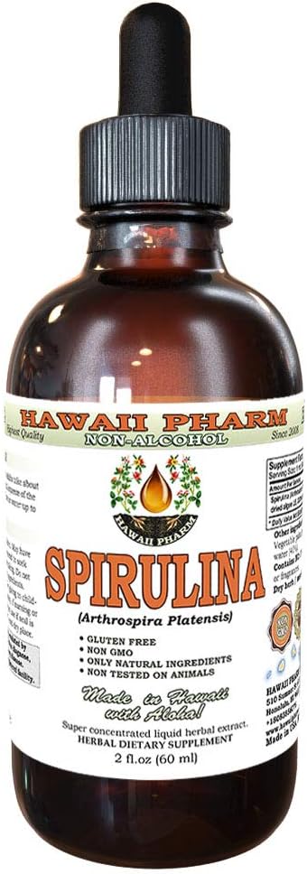 Extracto líquido libre de alcohol, Spirulina orgánica (Arthrospira platensis) Alga seco Glycerite Natural Herbal Suplemento, Hawaii Pharm, USA 2 fl.oz