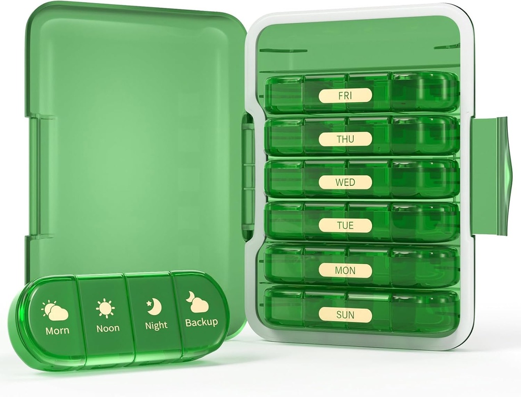 Organizador semanal de píldoras 4 veces al día, 7 Day Pill Box 4X, Portable for Travel Pills/Vitamin/Fish Oil/Medication/Supplements (4x7 Green)