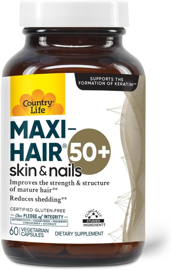 Country Life Maxi-Hair 50+ – Biotin-Based Hair, Skin & Nails Supplement for Women &amp; Hombres Más de 50 Silencioso Apoyo Saludable Crecimiento del cabello " Reducida Cubierta " Certified Gluten-Free " Vegetarian 60 cápsulas