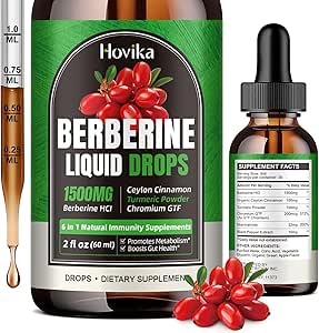 Bereberine HCL Liquid Drops - 1500 mg Berberine Suplemento con Ceilán Cinnamon, Cromo, Turmeric, Niacinamide - Apoyo Metabolismo e Immune System, Gut Health - 2 FL Oz Vegan