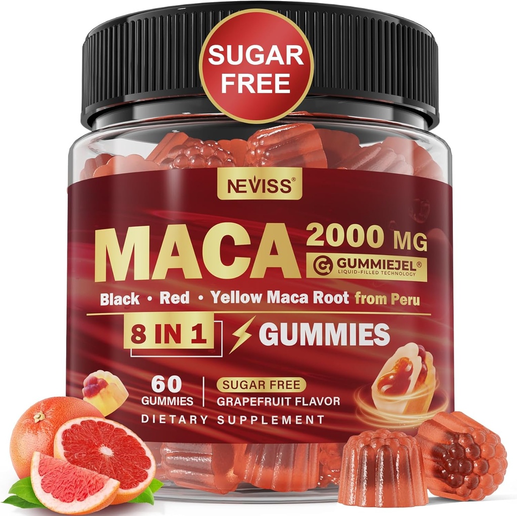 Maca Root Filled Gummies 2000mg for Women Men ← Sugar Free ← Orgánica Black, Red, Amarilla Maca Root Suplemento Gummy Chews con Ashwagandha Ginseng " Zinc ¦ Vegan, Non-GMO, Grapefruit Flavor, 60 Conde