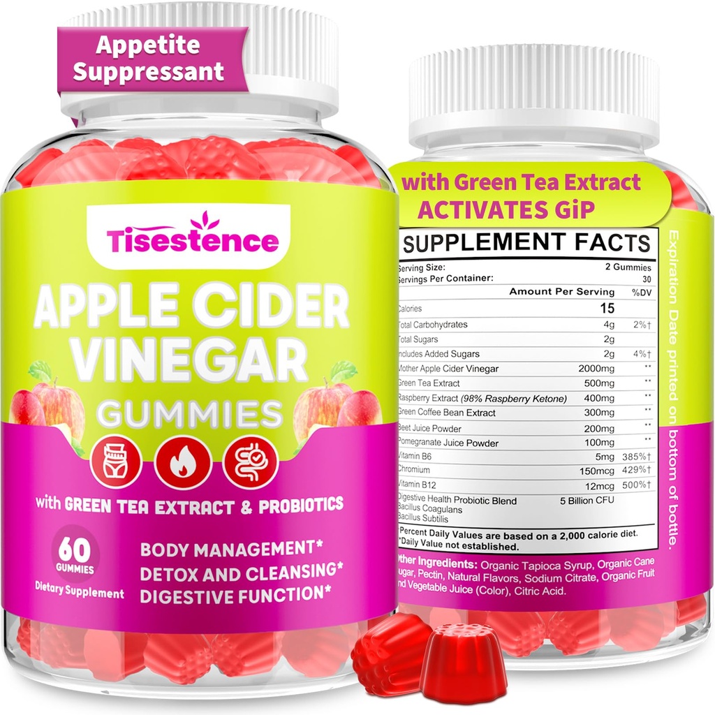 Appetite Suplemento Suplementario Suplementario Sujeto Apoyos GLP-1 Función permanente Manzana Vinagre Gummies con Té Verde Extracto, Probiótico para Quemar Gordo, Detox Cleanse, Metabolismo, Energía y Salud Digestiva, 60 Gummies