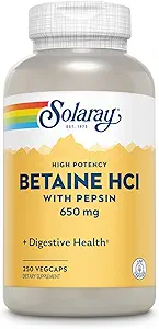 Solaray High Potency Betaine HCL with Pepsin - Hydrochloric Acid Supplement for Digestive Health - with Betaine Hydrochloride and Digestive Enzymes - Gut Health Support - 60-Day Guarantee, 250 VegCaps