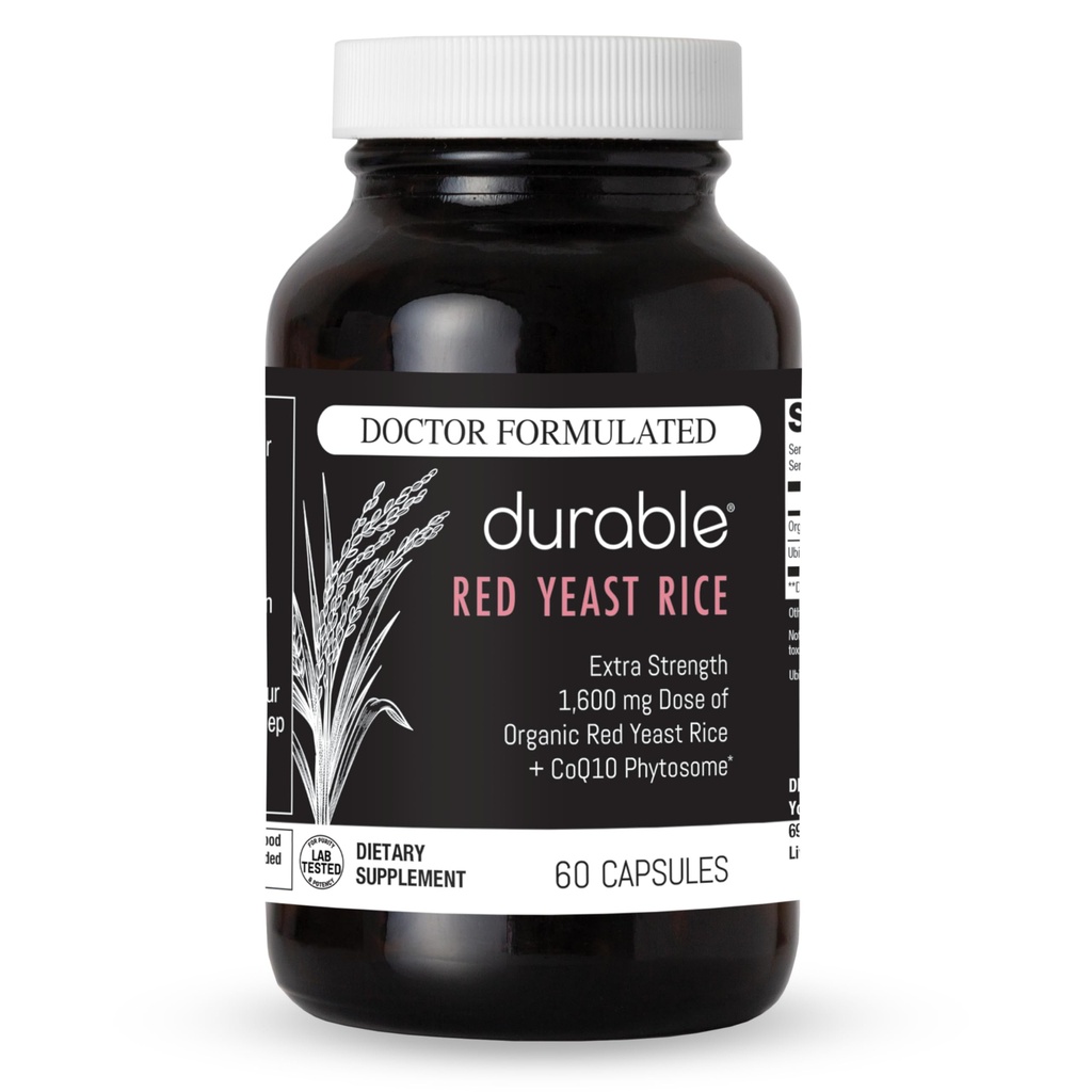 Rice de levadura RED Durable – Orgánica 1,600 mg Extra Fuerza + Fitooma CoQ10 – Apoya colesterol saludable, corazón, labios y circulación – Doctor Formulado, no GMO, Vegan, Hecho en EE.UU. (60 cápsulas).