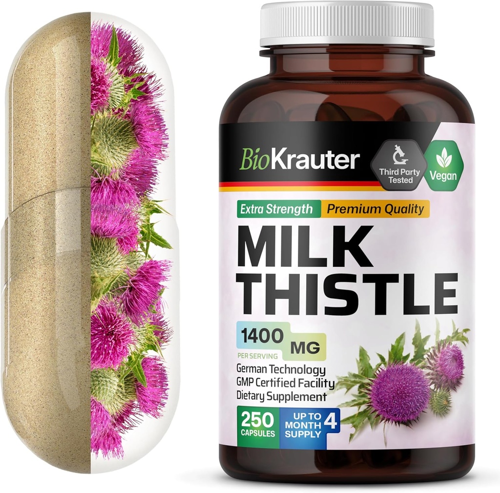 BIO KRAUTER Milk Thistle Capsules 1400 mg - 250 Conde - Liver Detox &amp; Cleanse Suplemento - Vegan Silymarin Capsules - Milk Thistle Powder - Non GMO