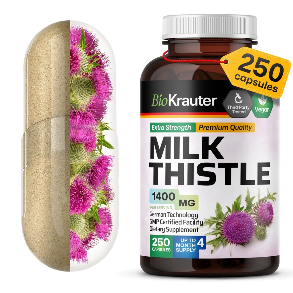 BIO KRAUTER Milk Thistle Capsules 1400 mg - 250 Conde - Liver Detox &amp; Cleanse Suplemento - Vegan Silymarin Capsules - Milk Thistle Powder - Non GMO