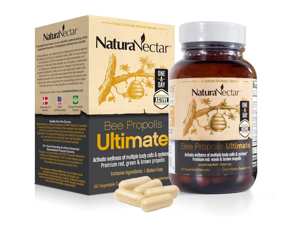 NaturaNectar - Ultimate Bee Propolis Capsules - NSF Contenidos certificados - Rojo Brasileño, Marrón, &amp; Verde - Suplemento libre de gluten con Flavonoides - Naturalmente Fuentedo a través de la apicultura ética (60pcs.)