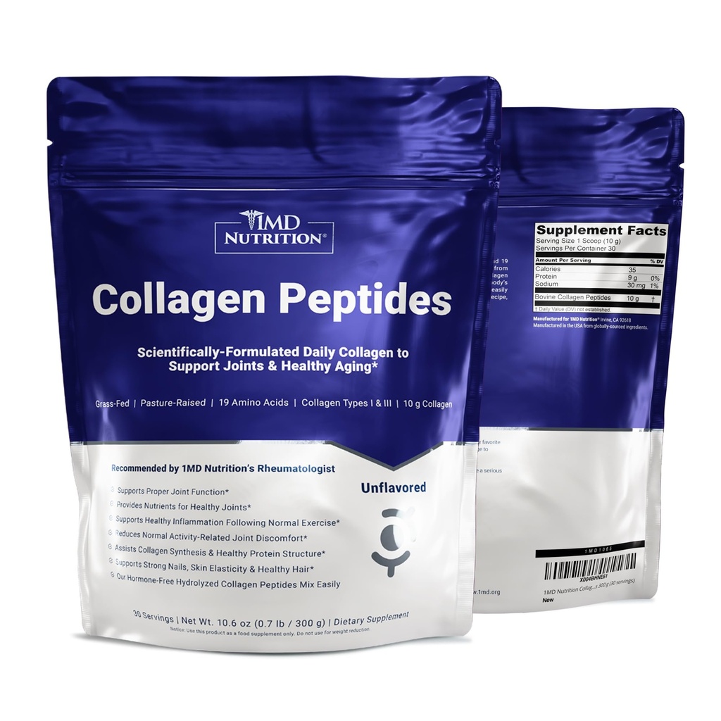 1MD Nutrition Collagen Peptides - Hydrolyzed Collagen Powder Types I & III for Women & Men - Joint, Hair & Nail Support - Unflavored - 30 Servings