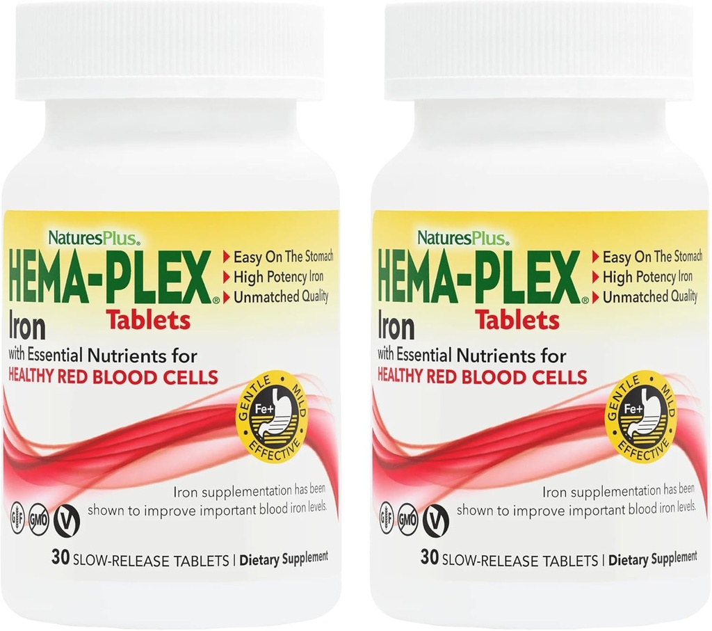 NaturesPlus Hema-Plex Iron - 30 Slow-Release Tablets, Pack of 2 - Total Blood Health - 85 mg Chelated Iron - with Vitamin C & Bioflavonoids - Non GMO, Vegetarian & Gluten Free - 60 Total Servings