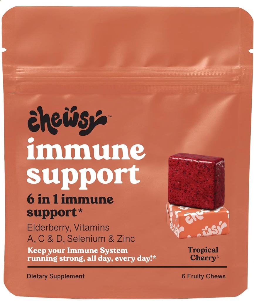 Chewsy - 6-in-1 Immune Support Fruity Chews with Elderberry - Vitamina C, A y D, Zinc y Selenium - Afilado individualmente - 6-Day Supply