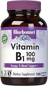 Bluebonnet Vitamina B1 100 mg - Mood Support &amp; Energy Vitamins for Women &amp; Men* - Thiamin HCl - Non-GMO, Vegan, Kosher, Gluten-Free - Soy &amp; Dairy-Free - 100 cápsulas vegetales, 100 Day Supply