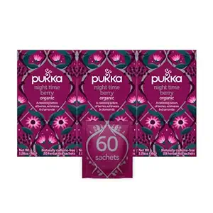 Bolsos de té orgánicos Pukka, Tiempo de noche Berry Herbal Té con manzanilla, Echinacea y Elderberry, Perfecto para el bienestar de la noche, 20 Cuenta (Pack of 3), 60 Bolsas de té