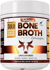 Solo Bone Broth Protein Collagen Powder Low Sodium, 16g Hydrolyzed Collagen Type I & III, for Healthy Skin, Nails, Hair, Joints & Digestion, Grass Fed, 1 lb (Canister - Net Wt. 1 lb. Powder)