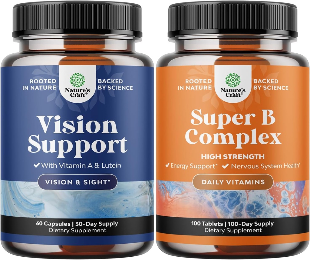 Bundle of Complete Eye Health Supplement for Adults for Vision Dry Eyes Pressure and Blue Light Protection and Vitamin B Complex Adult Multivitamin for Immune Support Mood Boost and Memory Supplement