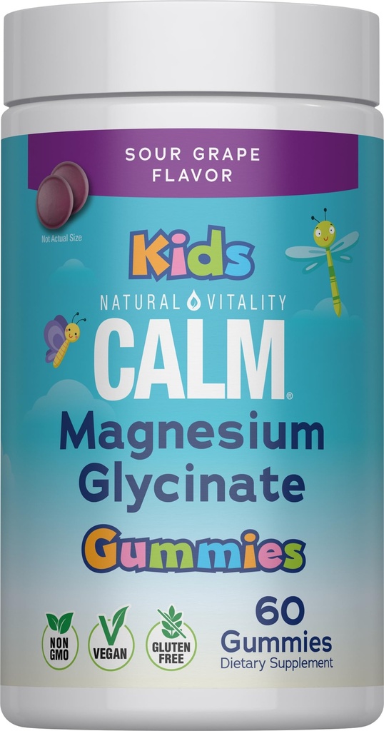 Natural Vitality Kids Calm | Magnesium Glycinate Gummies | Sour Grape Flavored | Non-GMO, Vegan & Gluten Free Supplement | 60 Count