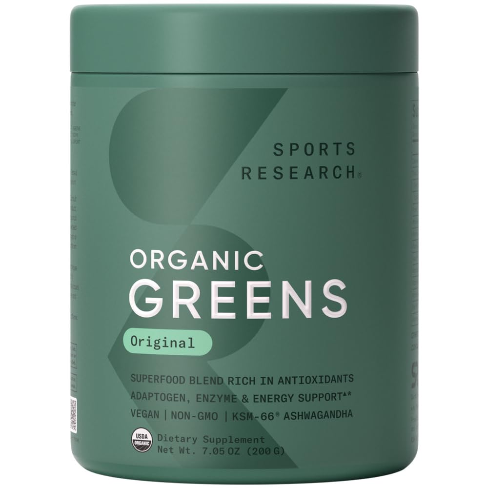 Sports Research® Organic Greens Superfood Powder w/Spirulina " Chlorella, Adaptogens, Enzymes, Probiotics " 8 VIT Bs for Gut " Mood Support* - Vegan, Sugar-Free " Low-Cal Original 20 Servimientos