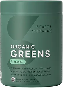 Sports Research® Organic Greens Superfood Powder w/Spirulina " Chlorella, Adaptogens, Enzymes, Probiotics " 8 VIT Bs for Gut " Mood Support* - Vegan, Sugar-Free " Low-Cal Original 20 Servimientos