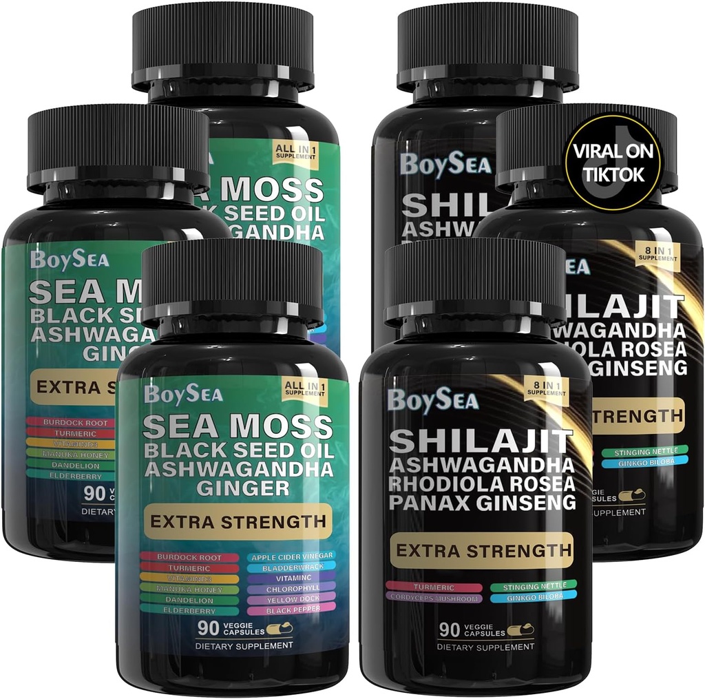 Boysea. Shilajit y Sea Moss Bundle- 90 Count - Sea Moss, Black Seed Oil, Ashwagandha, Ginger & Shilajit, Rhodiola Rosea, All in 1 Supplements (3 Pc)