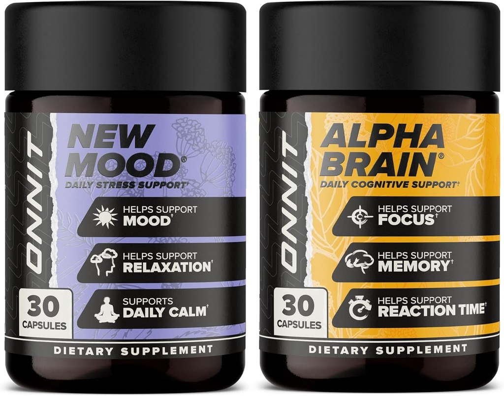 ONNIT Premium Alpha Brain Bundle - Suplemento Nootropic Brain (30 Conde) para Focus, Concentration &amp; Memory + Nuevo Mood Suplemento para Stress Relief, Sleep and Mood (30 Conde)