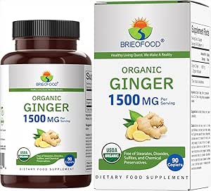 Brieofood Ginger orgánico 1500mg, 45 Servimientos, Vegetariano, Gluten Gratis, 90 Tabletas Vegetarianas