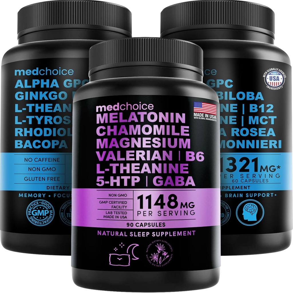 MEDCHOICE Melatonina del sueño (90ct) y Cerebro Nootrópico (120ct) Suplemento Bundle - Wellness Duo for Sleep, Brain, Focus, " Mood Support - Vegan, Non-GMO, Gluten-Free