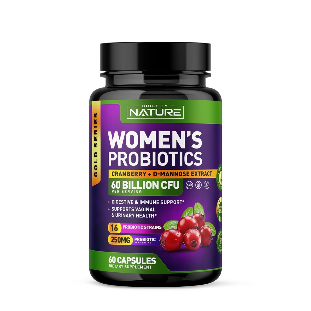Probióticos para Mujeres - 60 Billones de UF, 16 Strains, con Cranberry, D-Mannose & Prebióticos - Apoyo Digestivo, Inmune, & Vaginal Health - Non-GMO, Dairy &amp; Gluten-Free - 60 cápsulas vegetales