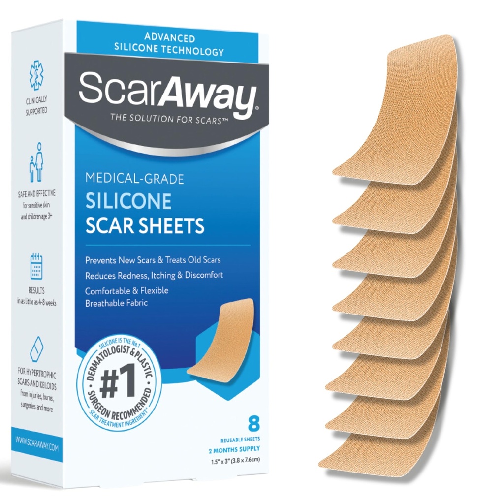 ScarAway Advanced Silicone Scar Sheets, Medical Grade Silicone Strips (1.5" x 3") Scar Treatment & Prevention for Surgical, Burn, Body, Hypertrophic & Keloid Scars Treatment, 8 Tan Reusable Sheets