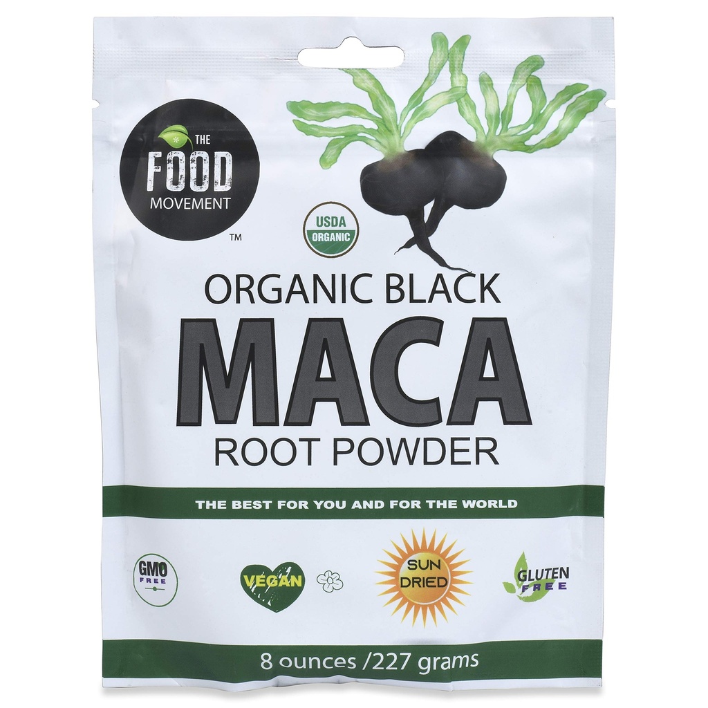 The Food Movement Co. Black Maca 8 oz Raw Food Powder - Organic, Non-GMO, Vegan, Gluten Free- Black Maca suplemento de raíz para todo el bienestar corporal
