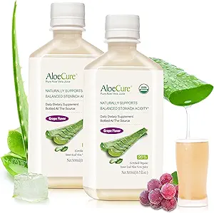 AloeCure USDA Organic Aloe Vera Juice Grape Flavor, Made Within 12 Hours of Harvest - Pure Aloe Vera Digestive &amp; Immune Health Supplement, Helps Maintain Balanced Stomach Acidity, 16.7oz x 2 Btls