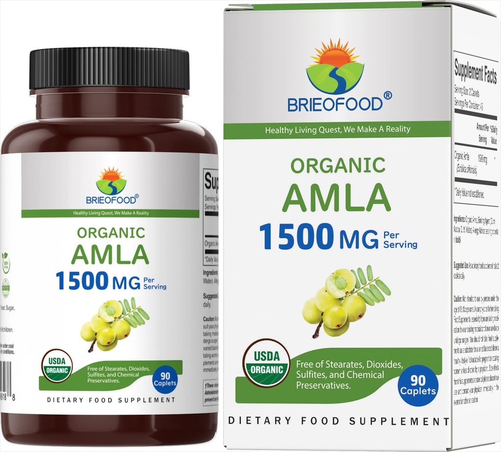 Brieofood Organic Amla 1500mg, 45 Servings, Vegetarian, Gluten Free, 90 Tablets Vegetarianos