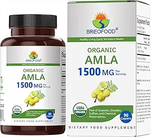 Brieofood Organic Amla 1500mg, 45 Servings, Vegetarian, Gluten Free, 90 Tablets Vegetarianos