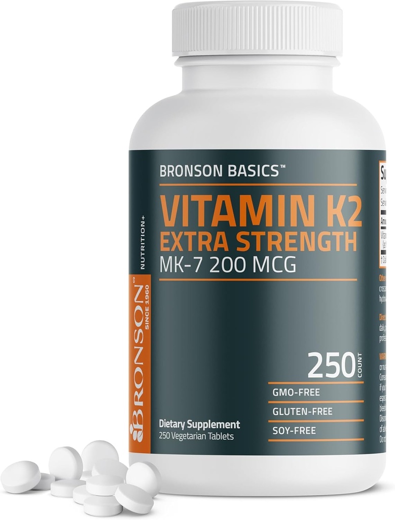 Bronson Vitamina K2 MK-7 200mcg Extra Strength, 250 Tablets vegetarianos