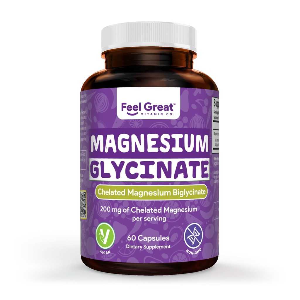 Feel Great Magnesium Bisglycinate – High Absorption, Buffered & Chelated Magnesium for Muscle, Bone & Joint Support – 60 Easy-to-Swallow Vegan Capsules