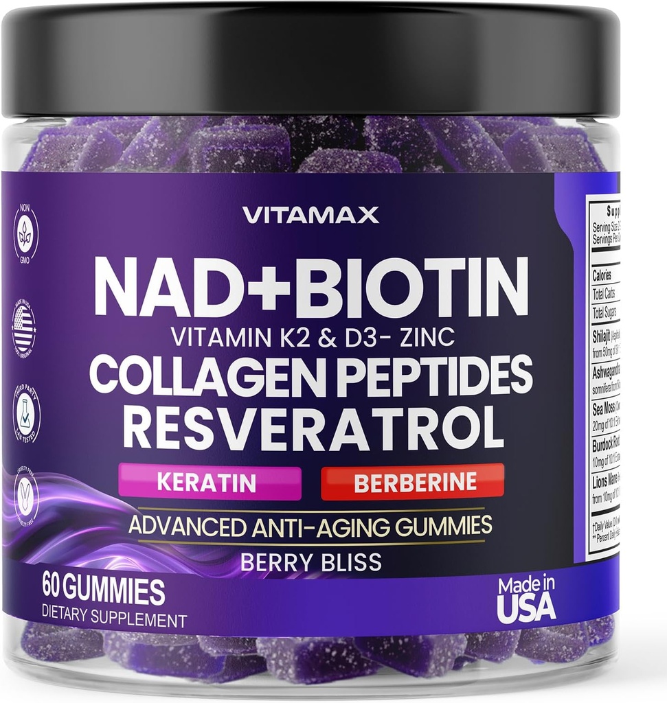 NAD+, Resveratrol, Berberine, " Biotin Anti-Aging Gummy - Hair, Skin, Nails " Joint Supplement - Collagen Peptides, Keratin, Zinc, Vitamin K2 " D3 Gummies -Regeneración- No-GMO - Made in USA 60 Conde