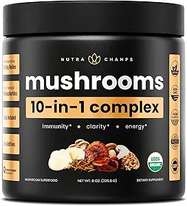 NutraChamps Organic Mushroom Powder - Complejo 10-in-1 - Suplemento de Mushroom Blend para la memoria, Focus &amp; Immune Support - 8oz (8.0 OZ, Mushroom Blend)