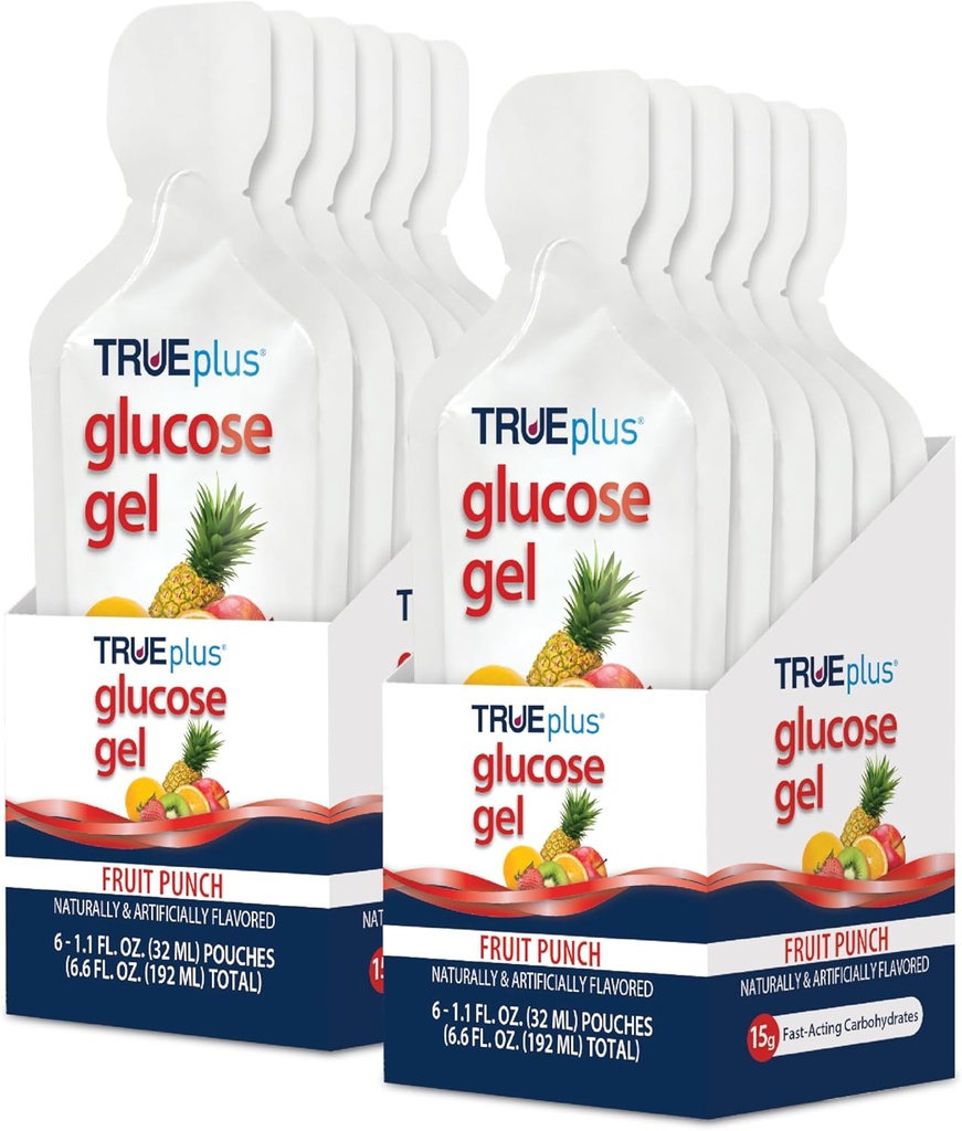 TRUEplus Glucose Gel Pouch, Fruit Punch Flavor, 15g Fast-Acting Carbohydrates, Fat Free, Gluten Free, Quick Support for Low Blood Sugar and Energy, 12 Pack