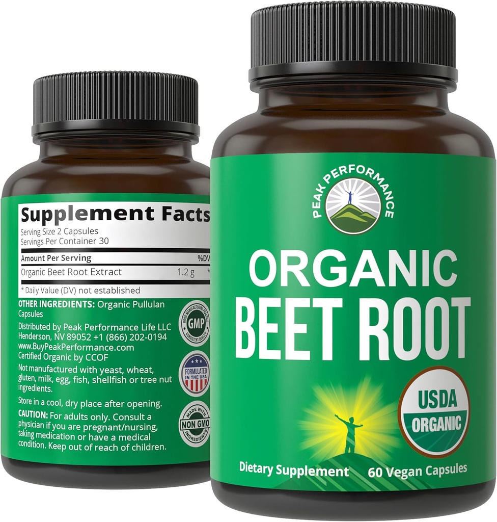 USDA Organic Beet Root Vegan Capsules. Beets Juice Powder Super Food Pills 1200 mg. Nitric Oxide Energy Boosting Beetroot Extract Capsules. Suplemento de Apoyo Polifenol para Mujeres y Hombres