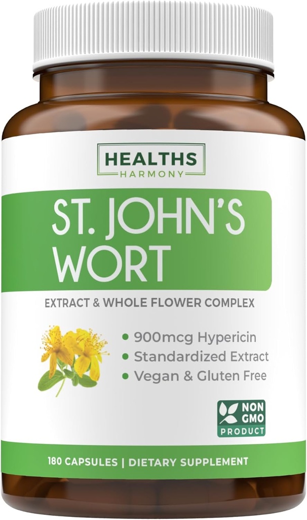 St John's Wort Capsules - Potente &amp; Potente Extracto Wort de San Juan &amp; Complejo entero Herb Estándarizado a 900mcg Hypericin para equilibrar el soporte diario del humor - Vegan Non-GMO & Lab Verified (180 caps)