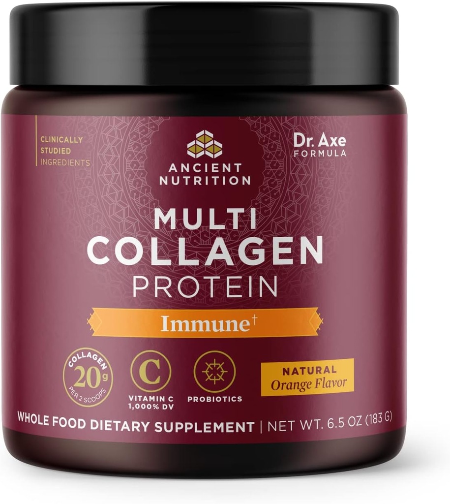 Proteína de polvo de colágeno de nutrición antigua con vitamina C, multi colágeno de proteínas, naranja, soporta sistema inmunológico, cabello saludable, piel y uñas, 15 piezas