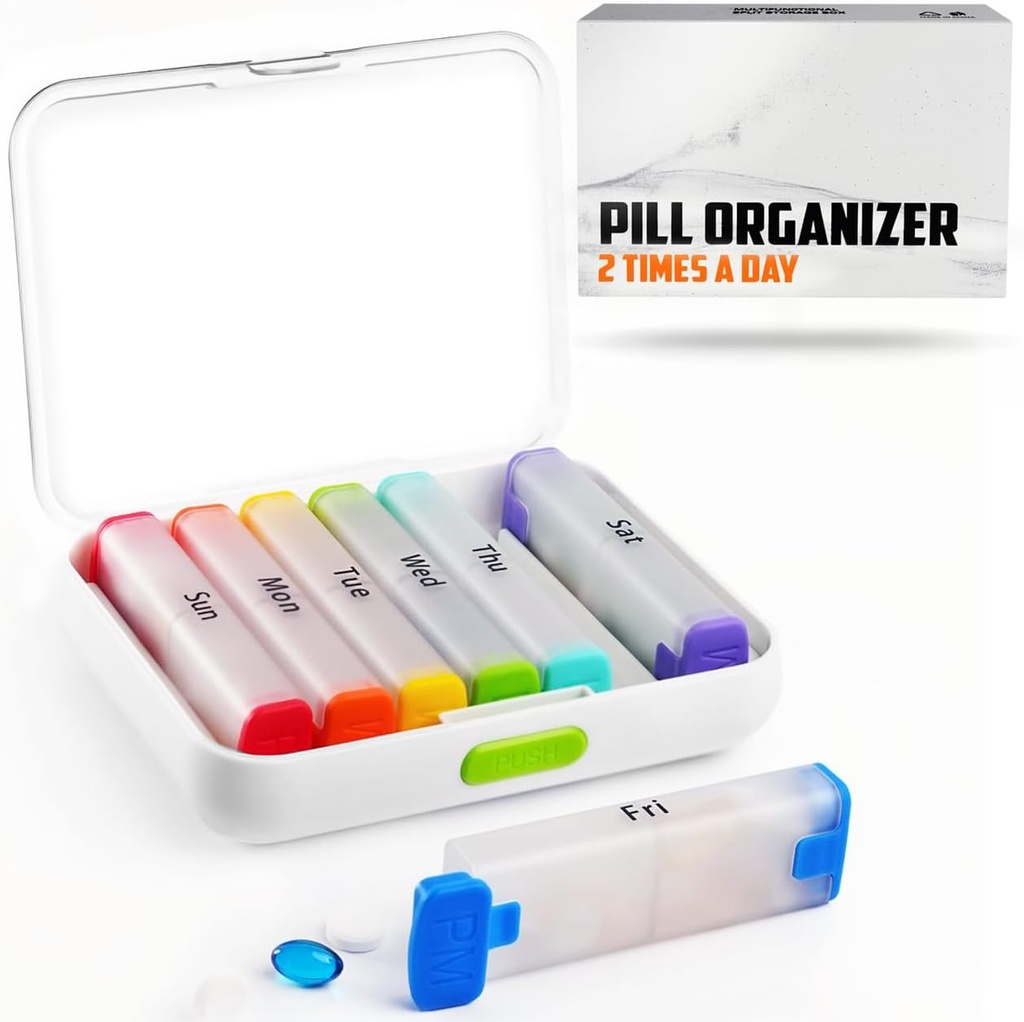 BEXEEN Organizador semanal de píldoras 2 veces al día - Pill Box 7 Day Am Pm - Travel Medicine Organizer Twice Daily Vitamin Holder Portable Supplement Case Week Night Med Dispenser Detachable Container