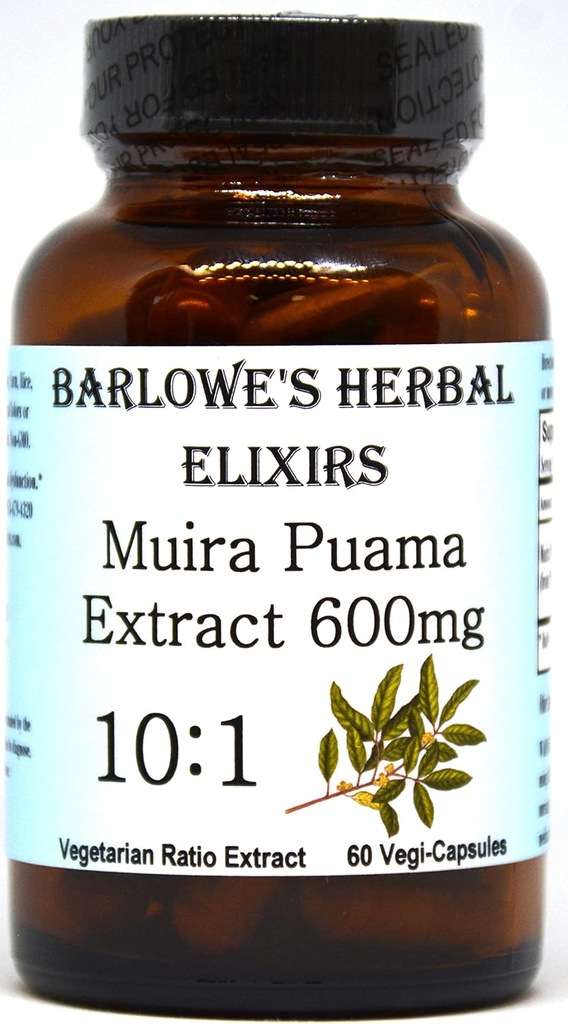 Barlowe's Herbal Elixirs Muira Puama 10:1 Extracto TENIDO 600mg Por Capsule ← Tradicional masculino Vitality Suplemento TEN 60 Vegan Capsules TENIDO Stearate-Free, Non-GMO, Envasado en botella de vidrio
